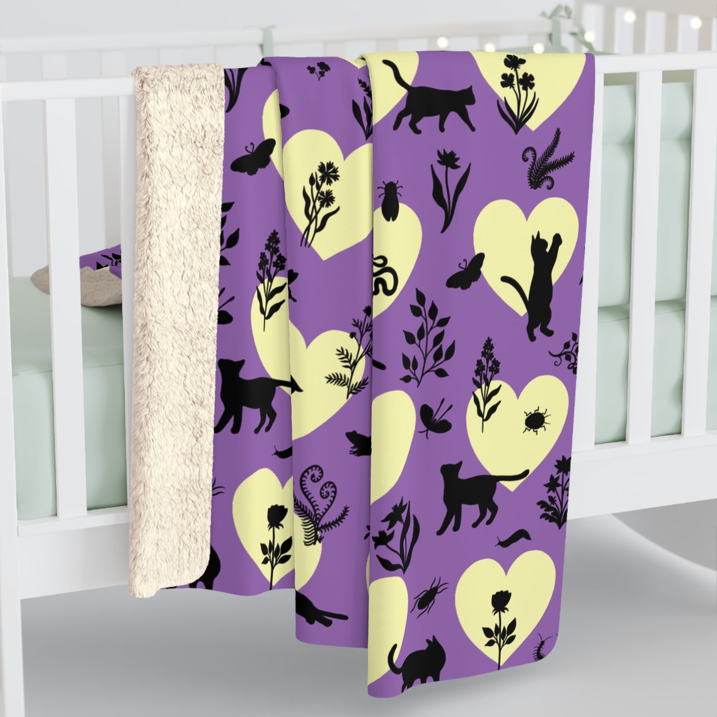 'Heart Cats' Sherpa Fleece Blanket, Witchy Purple&Yellow