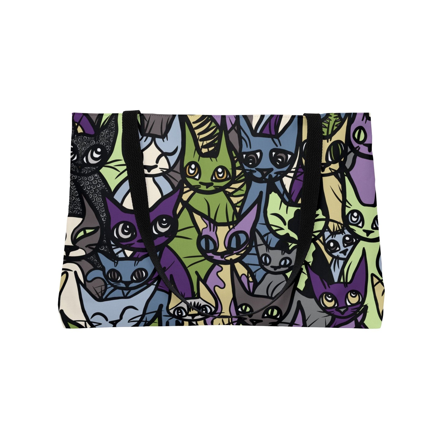 Colorful Cat Crowd Weekender Tote Bag Purple - Perfect for Cat Lovers, Travel, Beach Trips, Cat Theme Gifts