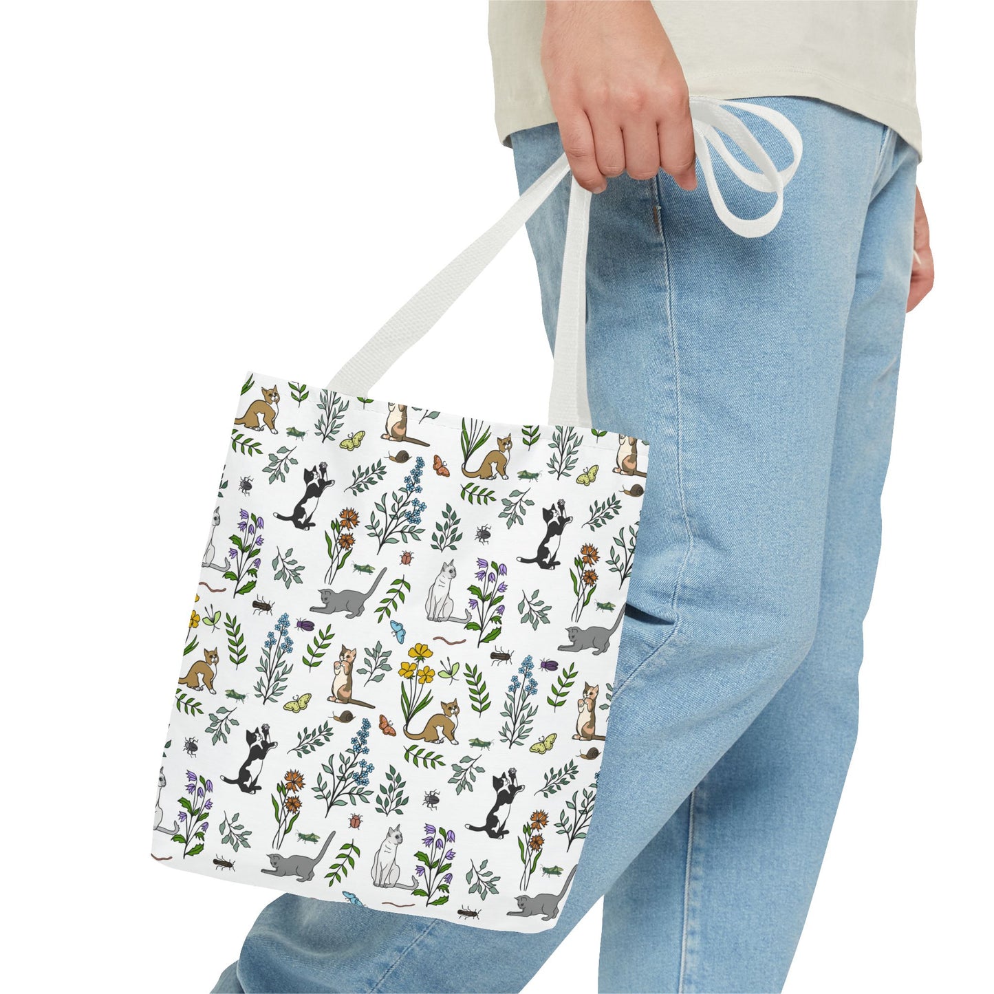 Nature- Inspired Floral and Kitten Tote Bag, Eco-Friendly Shopping Bag, Reusable Grocery Tote, Pet Lover Gift, Garden Party Essentials