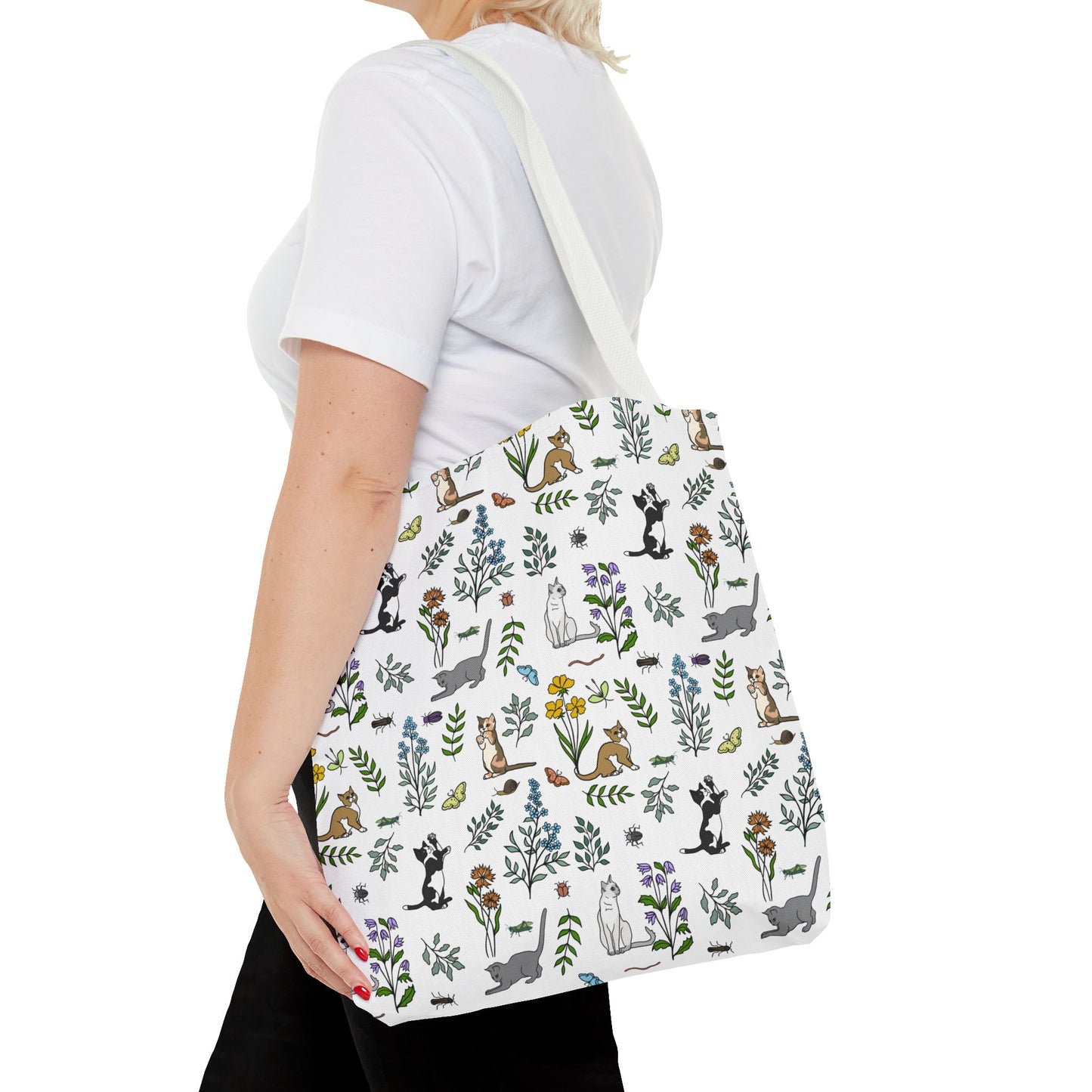 Nature- Inspired Floral and Kitten Tote Bag, Eco-Friendly Shopping Bag, Reusable Grocery Tote, Pet Lover Gift, Garden Party Essentials