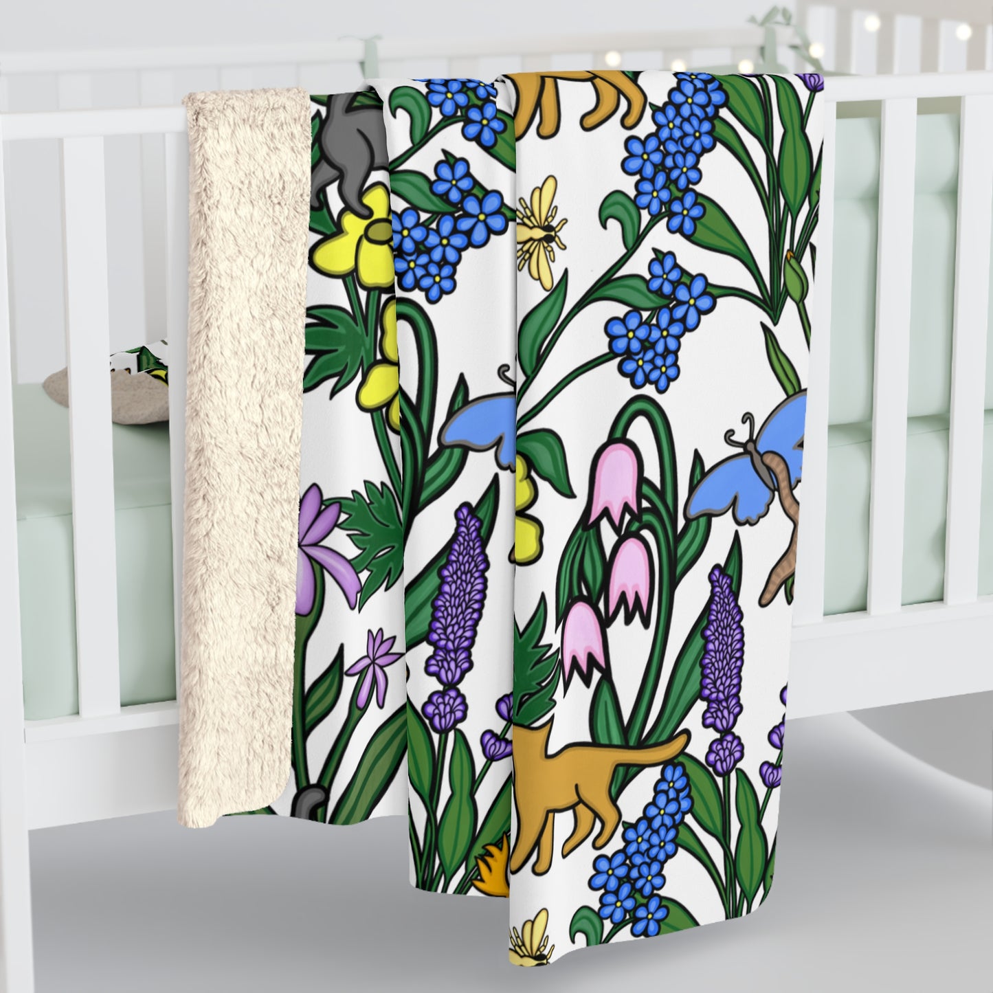 Flower Garden Cats Sherpa Fleece Blanket, Super Soft, Home Decor, Gift for Nature and Cat Lovers