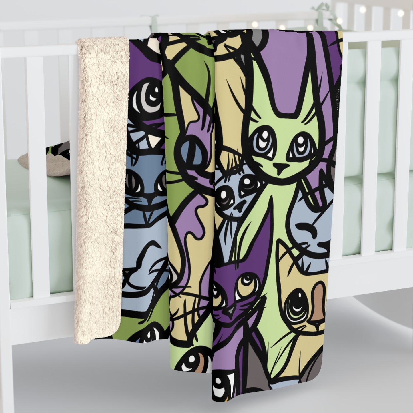 Super Soft Sherpa Fleece Blanket, 'Cozy Crowd' in Purple and Green