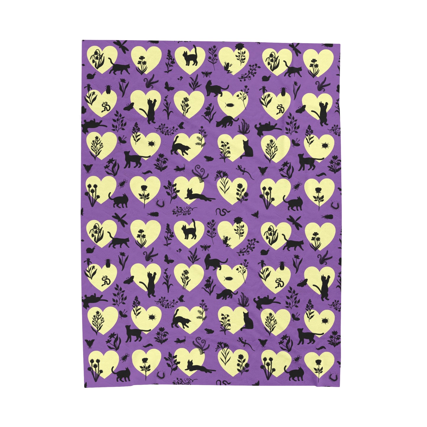 Adorable 'Heart Cats' Velveteen Plush Blanket, Purple&Yellow