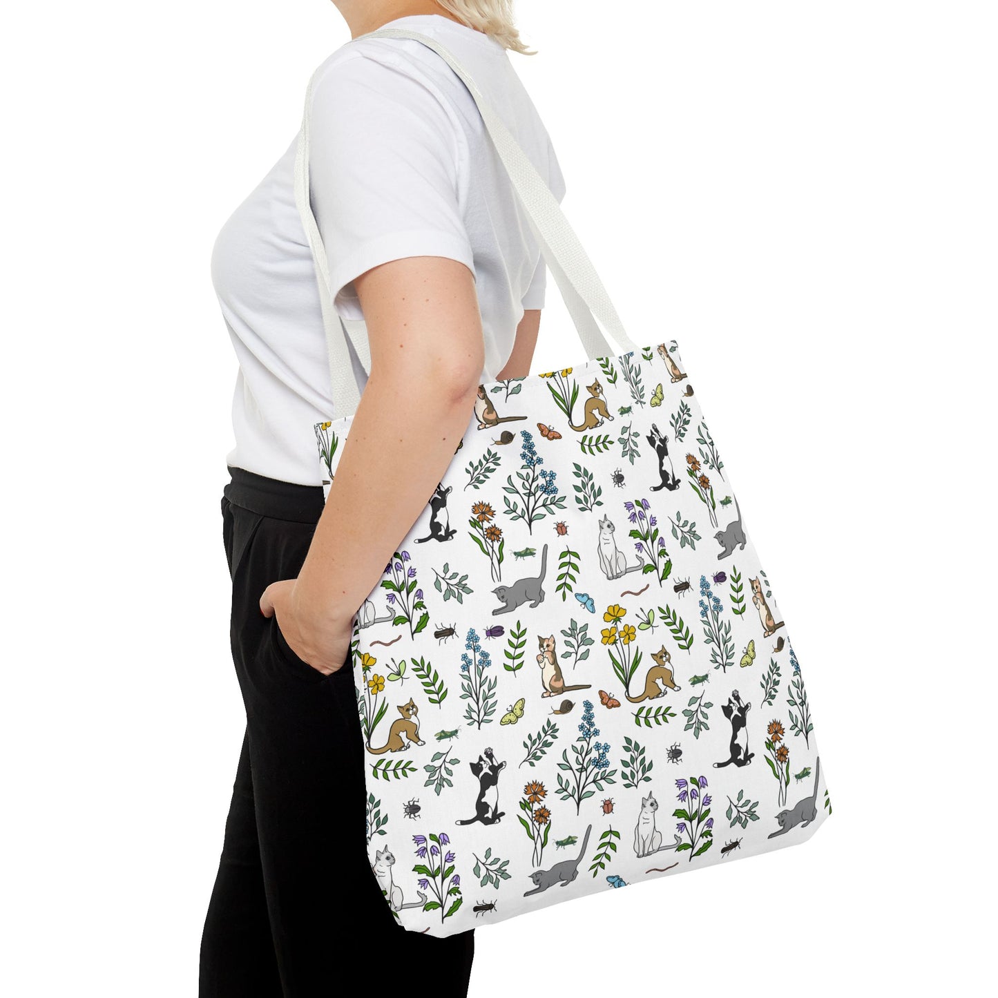 Nature- Inspired Floral and Kitten Tote Bag, Eco-Friendly Shopping Bag, Reusable Grocery Tote, Pet Lover Gift, Garden Party Essentials