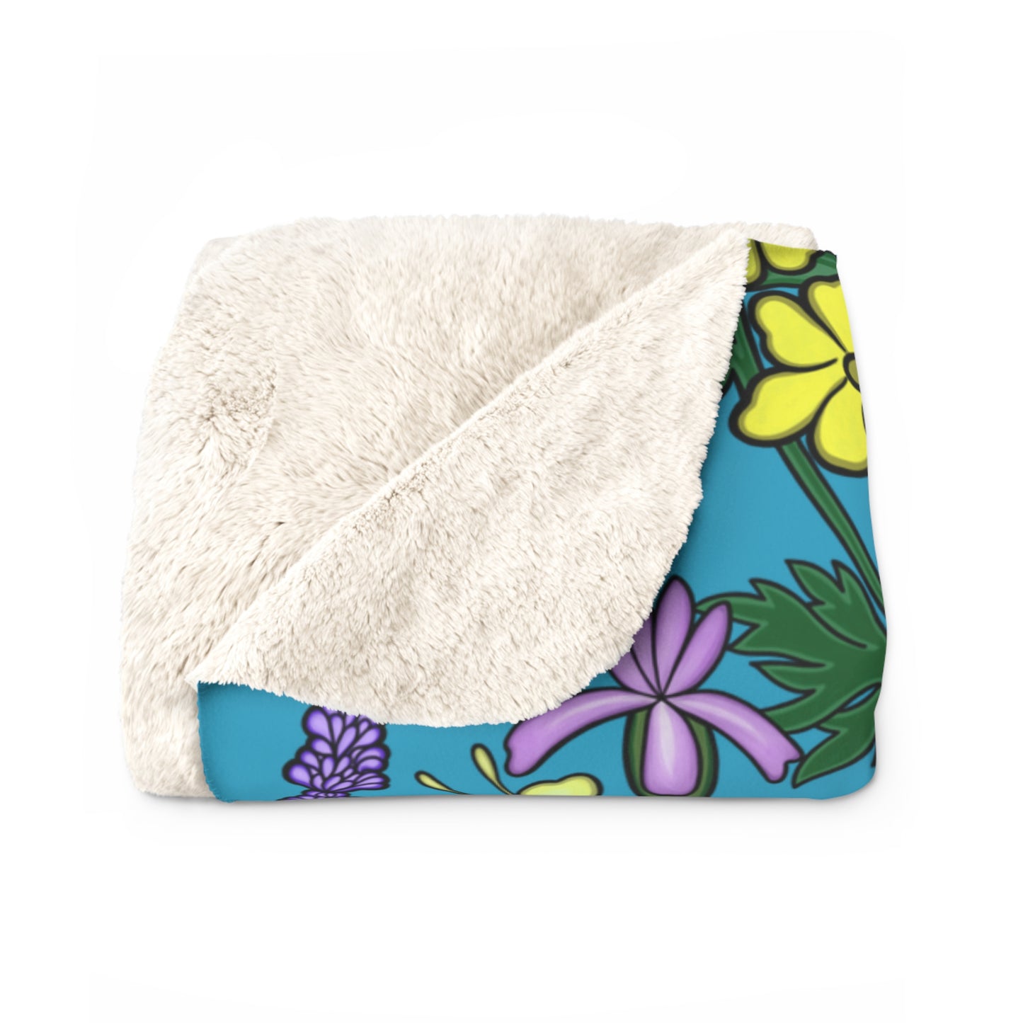 Flower Garden Cats Sherpa Fleece Blanket in Teal, Super Soft, Home Decor, Gift for Nature and Cat Lovers, Warm Blanket, USA Artist