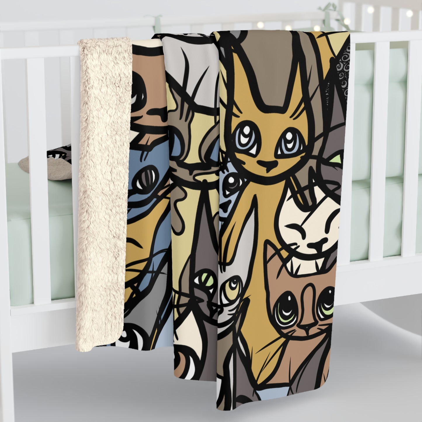 Super Soft Sherpa Fleece Blanket, 'Cozy Crowd' in Brown, Blue and Green