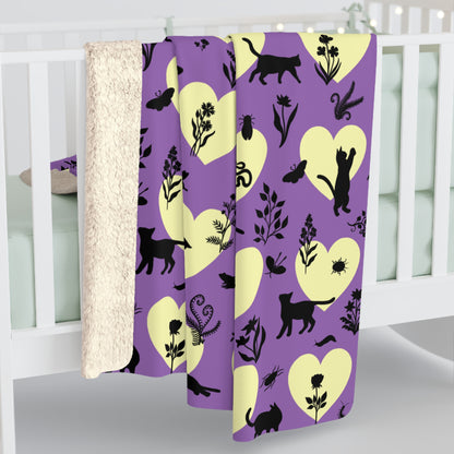 'Heart Cats' Sherpa Fleece Blanket, Witchy Purple&Yellow