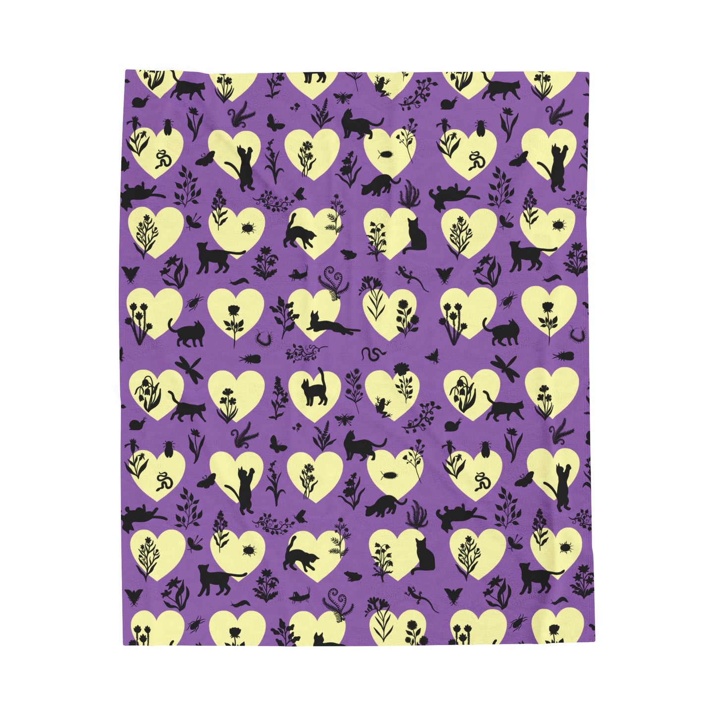 Adorable 'Heart Cats' Velveteen Plush Blanket, Purple&Yellow
