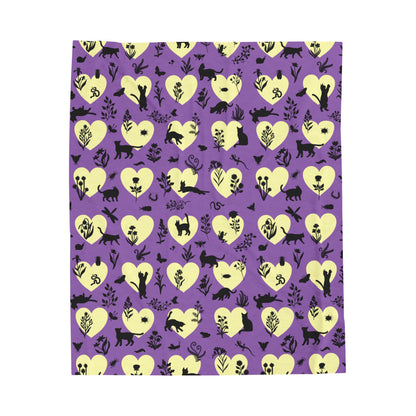 Adorable 'Heart Cats' Velveteen Plush Blanket, Purple&Yellow