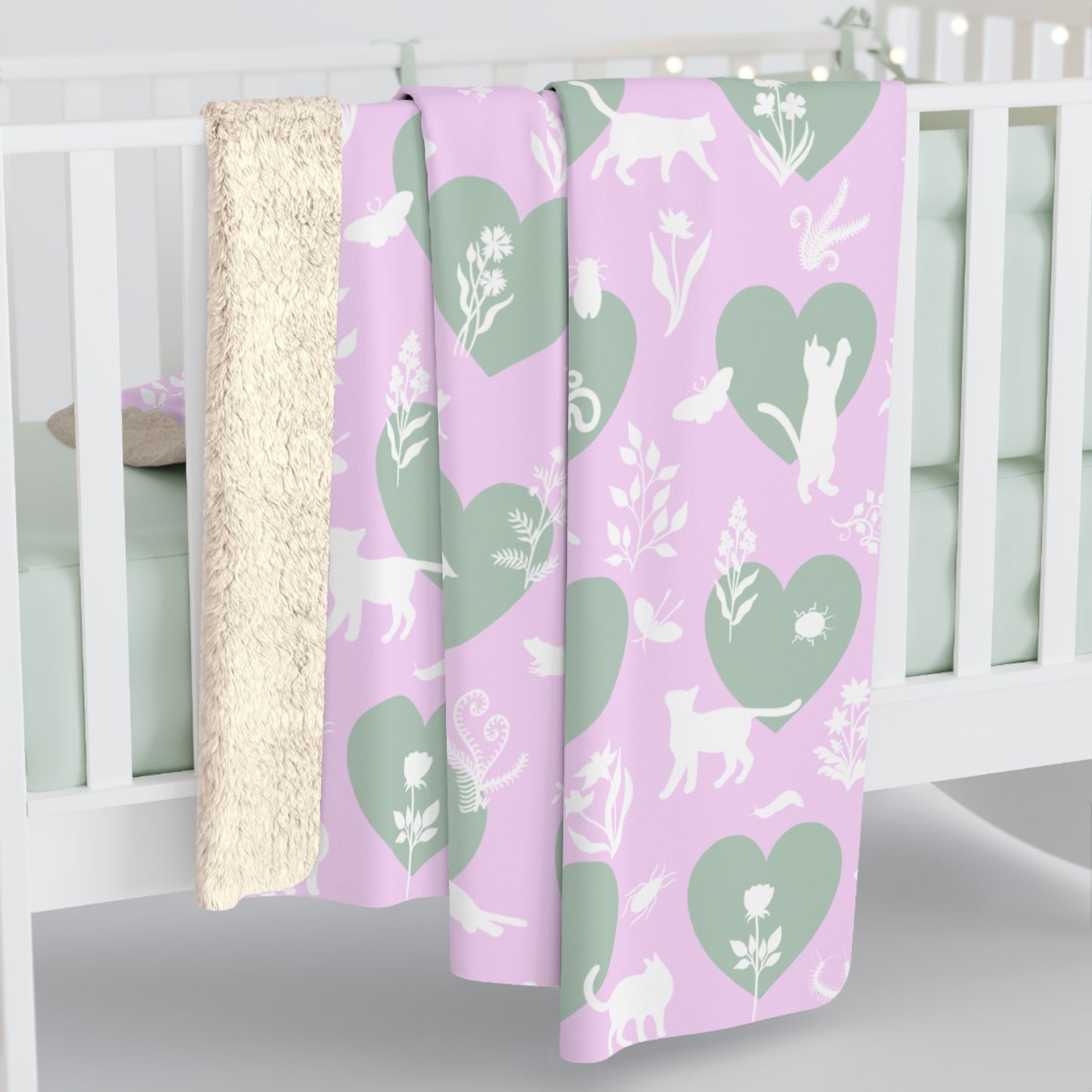 'Heart Cats' Sherpa Fleece Blanket, Pink&Seafoam