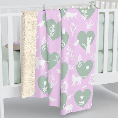 'Heart Cats' Sherpa Fleece Blanket, Pink&Seafoam