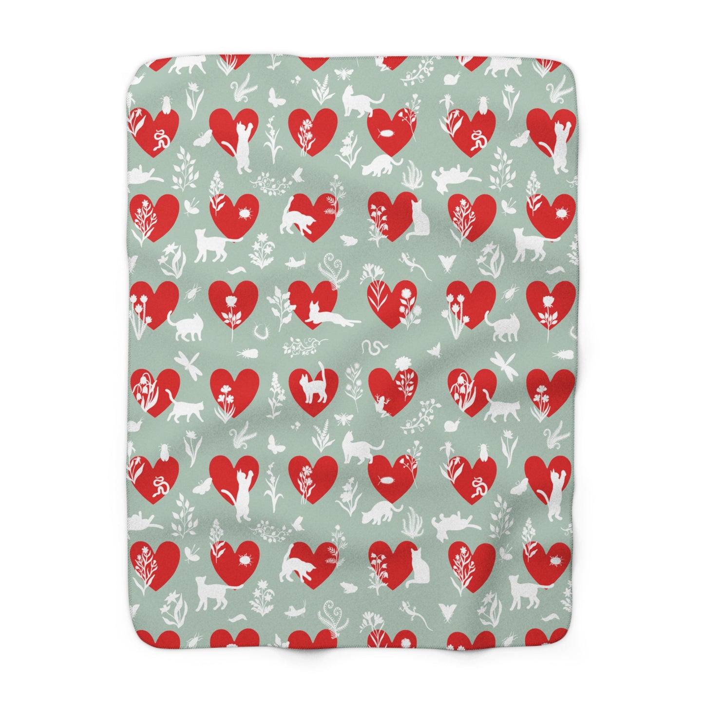 'Heart Cats' Sherpa Fleece Blanket, Seafoam&Red