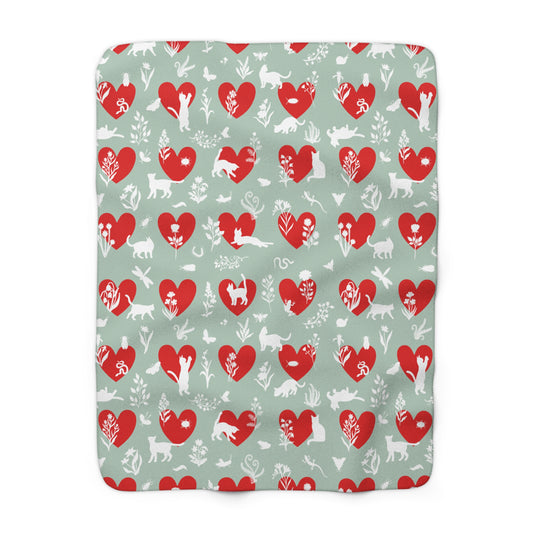 'Heart Cats' Sherpa Fleece Blanket, Seafoam&Red
