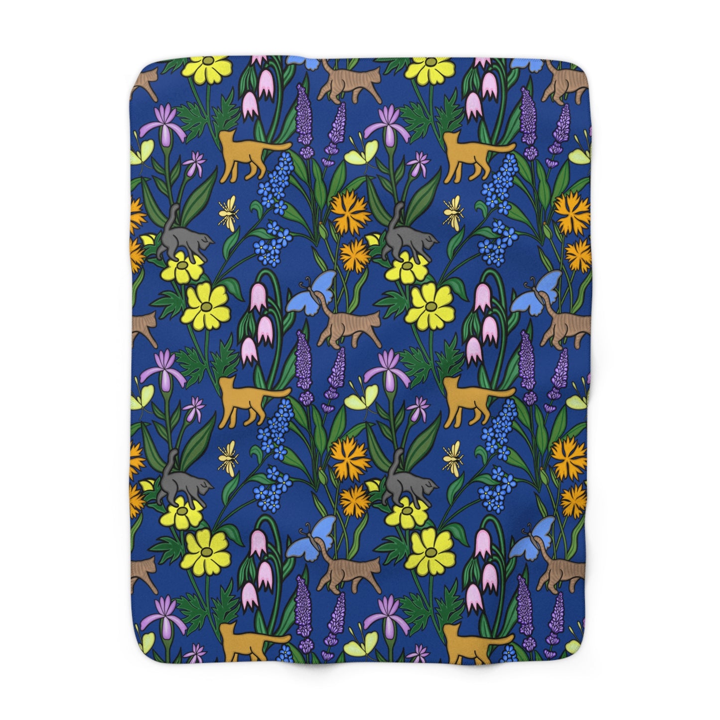 Flower Garden Cats Sherpa Fleece Blanket in Deep Blue, Super Soft, Home Decor, Gift for Nature Lovers, Warm Cozy Blanket f