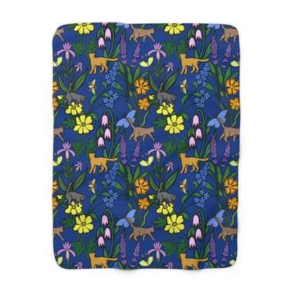 Flower Garden Cats Sherpa Fleece Blanket in Deep Blue, Super Soft, Home Decor, Gift for Nature Lovers, Warm Cozy Blanket f