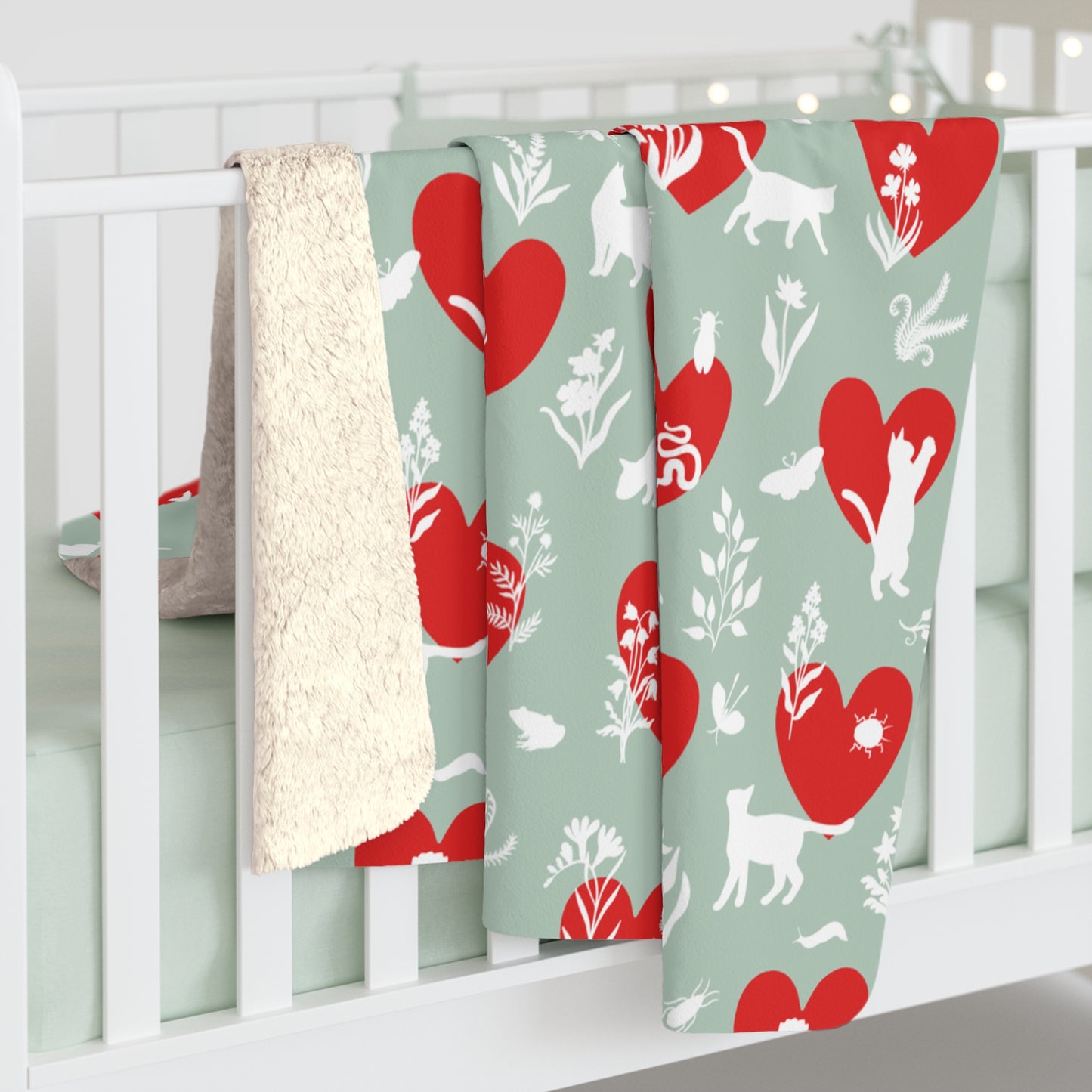 'Heart Cats' Sherpa Fleece Blanket, Seafoam&Red