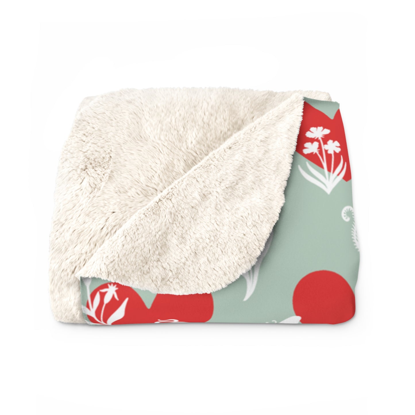 'Heart Cats' Sherpa Fleece Blanket, Seafoam&Red