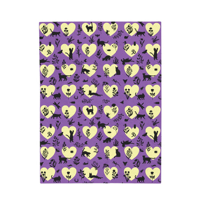 Adorable 'Heart Cats' Velveteen Plush Blanket, Purple&Yellow