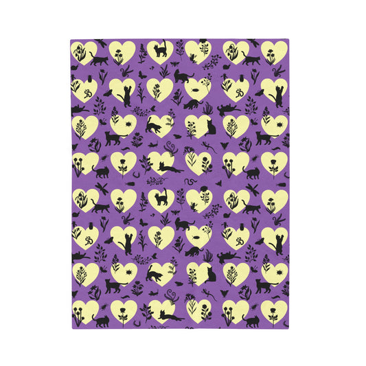 Adorable 'Heart Cats' Velveteen Plush Blanket, Purple&Yellow