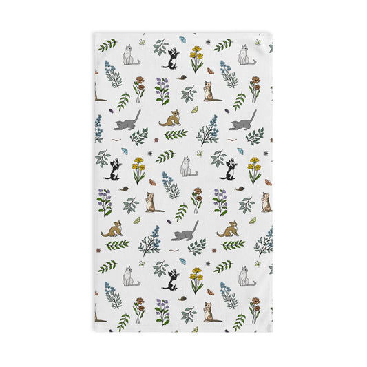 Spring Meadow Kittens Hand Towel — Floral Patterned Kitchen or Guest Towel