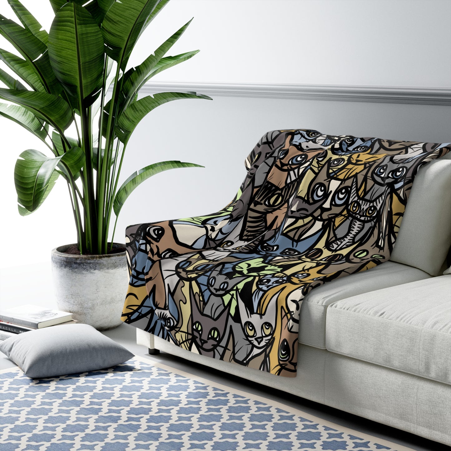 Super Soft Sherpa Fleece Blanket, 'Cozy Crowd' in Brown, Blue and Green