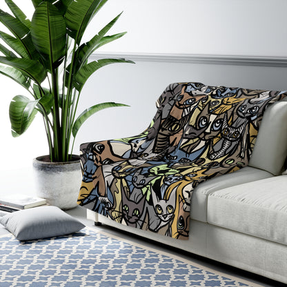 Super Soft Sherpa Fleece Blanket, 'Cozy Crowd' in Brown, Blue and Green