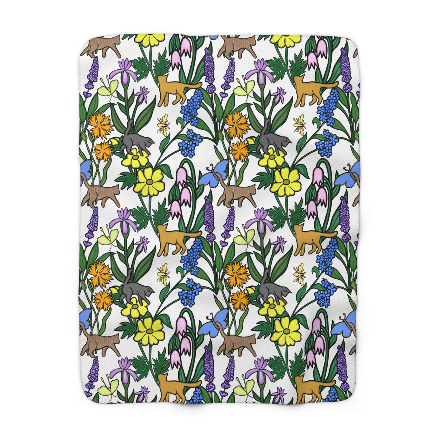 Flower Garden Cats Sherpa Fleece Blanket, Super Soft, Home Decor, Gift for Nature and Cat Lovers