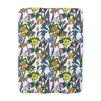 Flower Garden Cats Sherpa Fleece Blanket, Super Soft, Home Decor, Gift for Nature and Cat Lovers