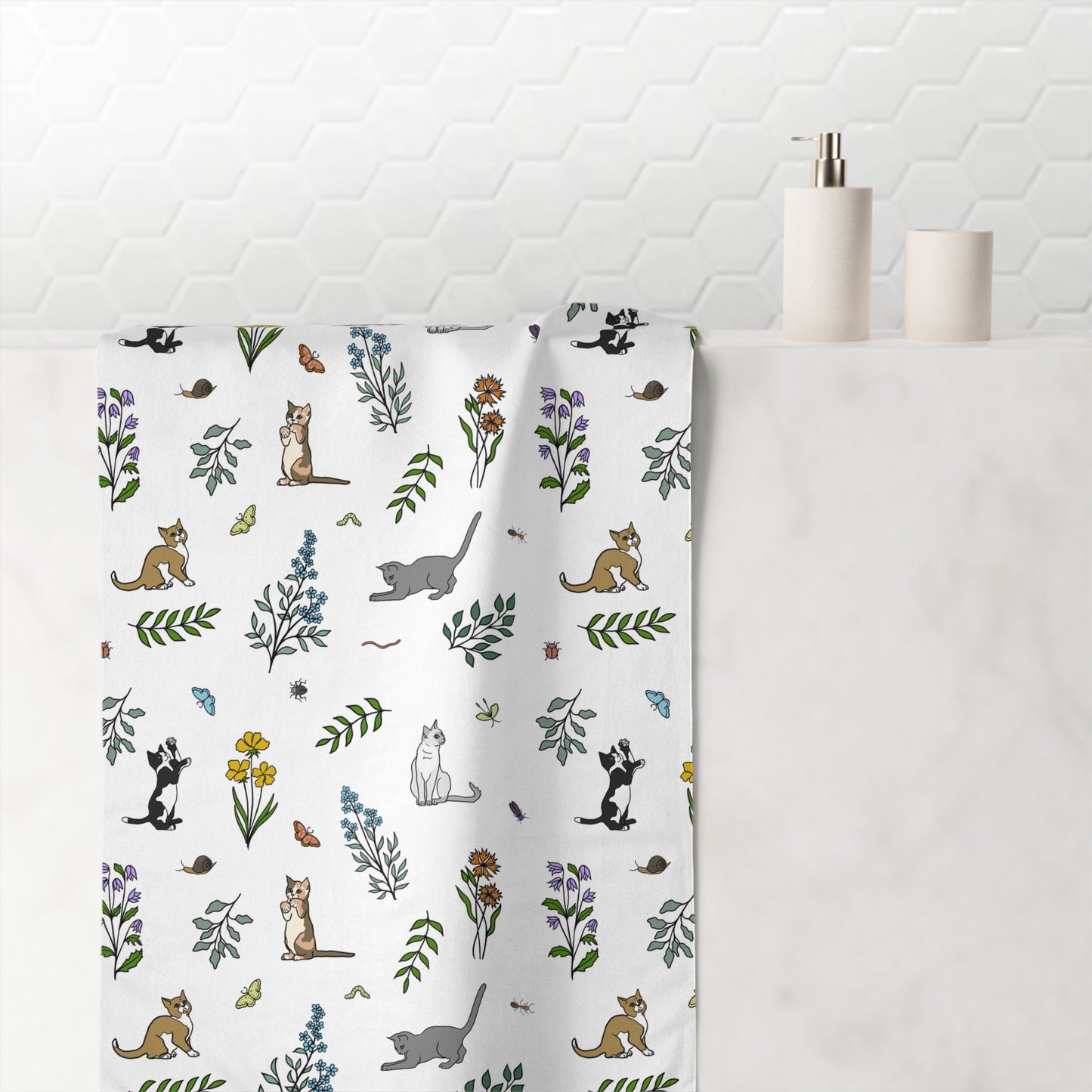 Wildflower Kittens and Bugs Towel, Large Bath, Cat Lover Gift, Botanical Print Towel, Soft Mink-Cotton Towel, Home Décor, Cute Animal Towel