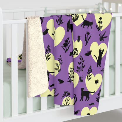 'Heart Cats' Sherpa Fleece Blanket, Witchy Purple&Yellow
