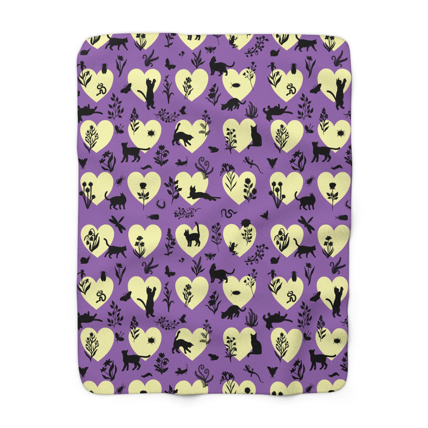 'Heart Cats' Sherpa Fleece Blanket, Witchy Purple&Yellow
