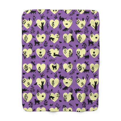 'Heart Cats' Sherpa Fleece Blanket, Witchy Purple&Yellow