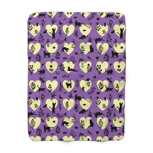 'Heart Cats' Sherpa Fleece Blanket, Witchy Purple&Yellow