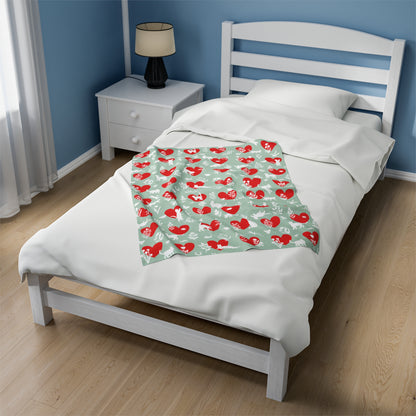 Adorable 'Heart Cats 'Velveteen Plush Blanket,  Seafoam&Red