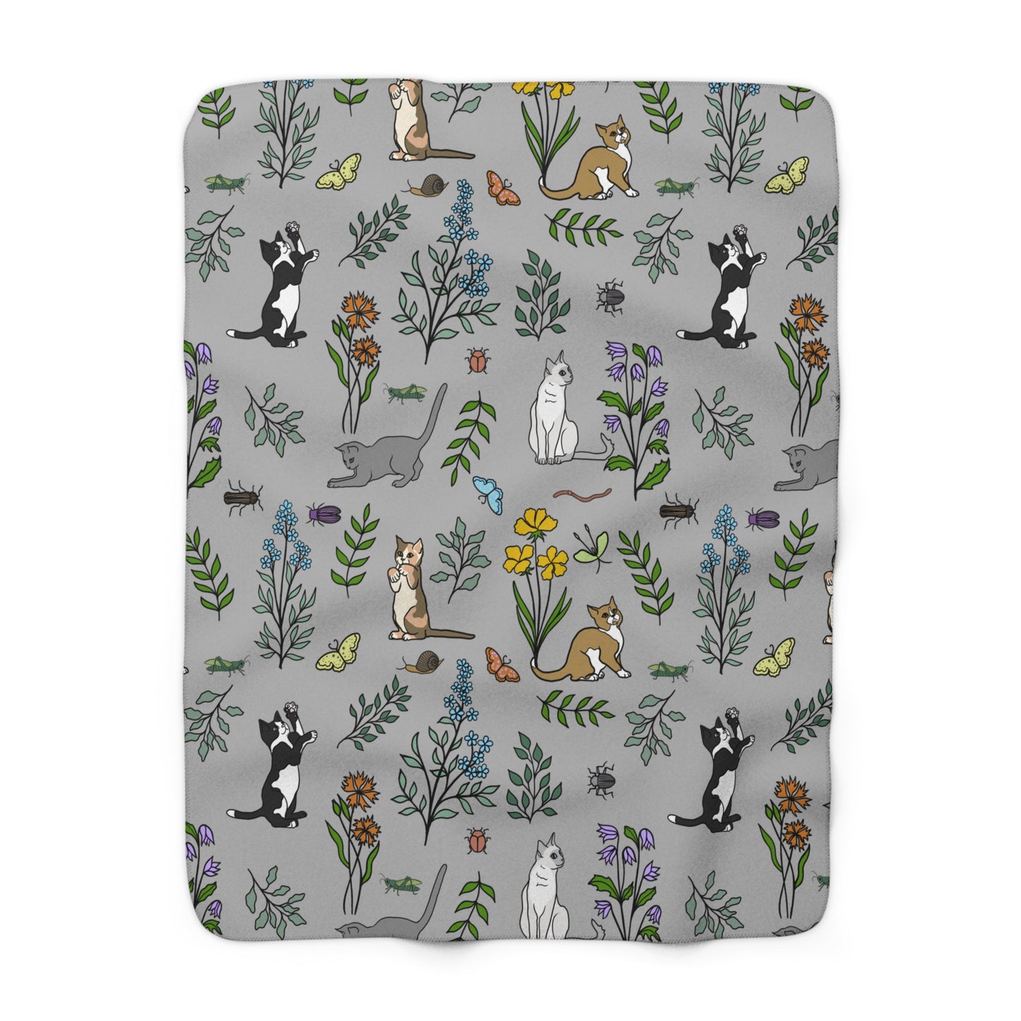 Cozy Spring Cats at Play Fleece Blanket in Grey, Floral Sherpa Throw, Perfect for Cat Lovers, Home Decor, Gift for Her
