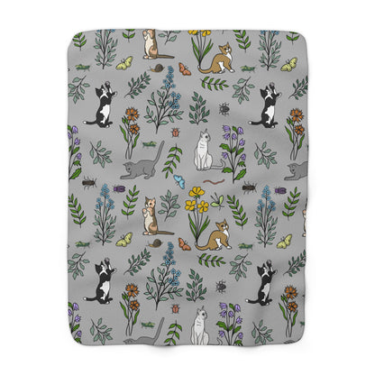 Cozy Spring Cats at Play Fleece Blanket in Grey, Floral Sherpa Throw, Perfect for Cat Lovers, Home Decor, Gift for Her