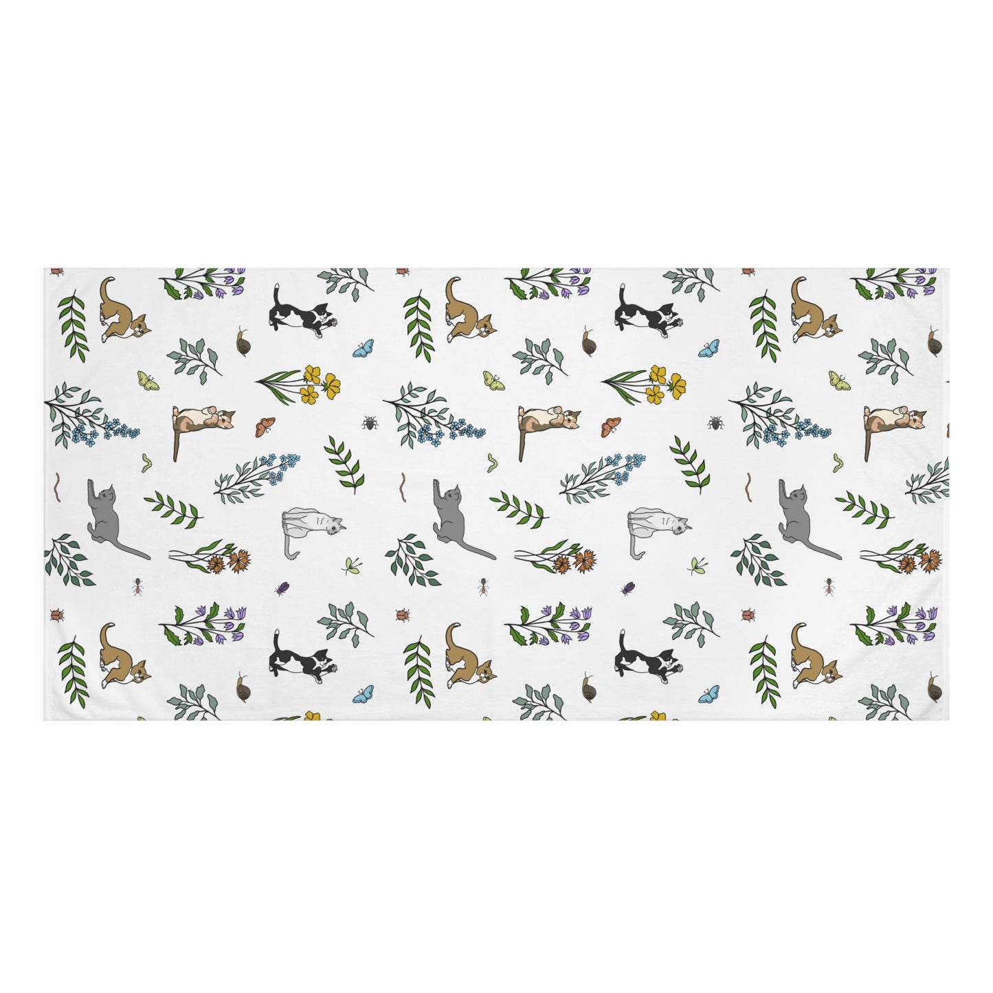 Wildflower Kittens and Bugs Towel, Large Bath, Cat Lover Gift, Botanical Print Towel, Soft Mink-Cotton Towel, Home Décor, Cute Animal Towel