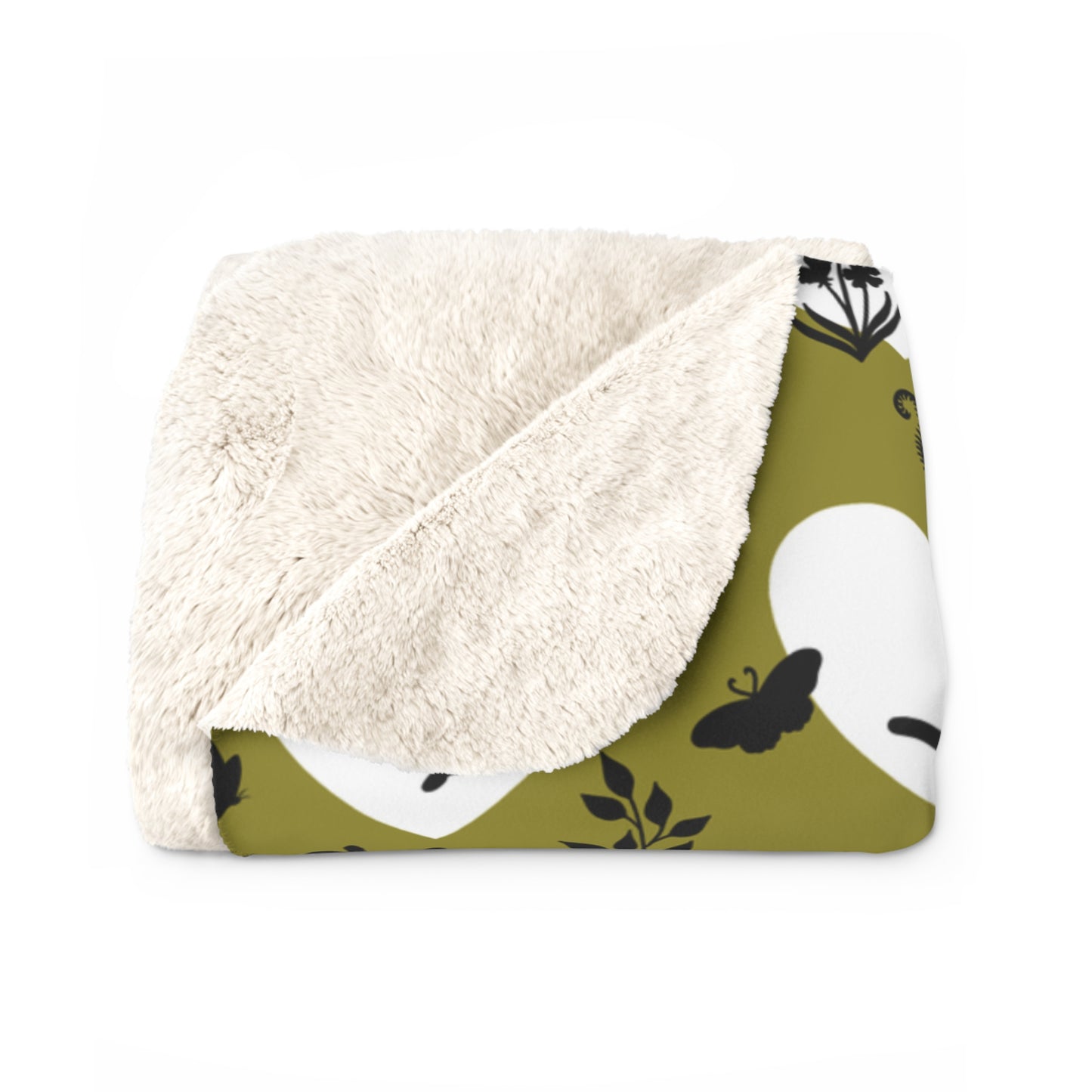'Heart Cats' Sherpa Fleece Blanket, Olive