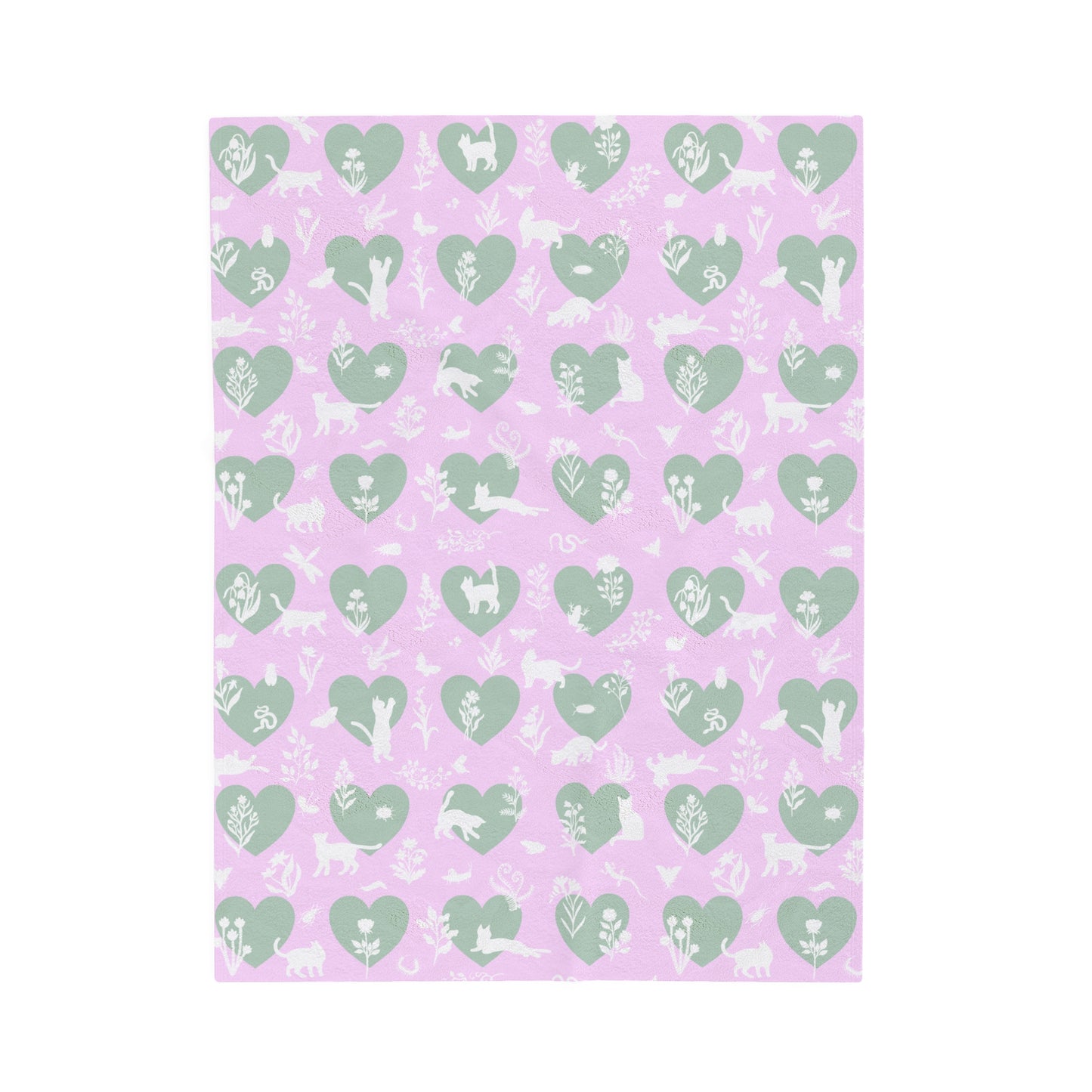 Adorable 'Heart Cats' Velveteen Plush Blanket, Pink&Seafoam