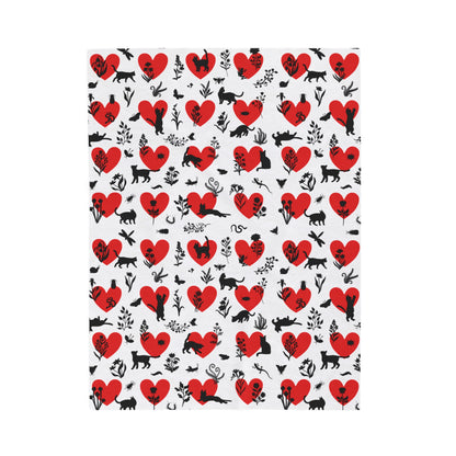 Adorable 'Heart Cats' Velveteen Plush Blanket, White&Red