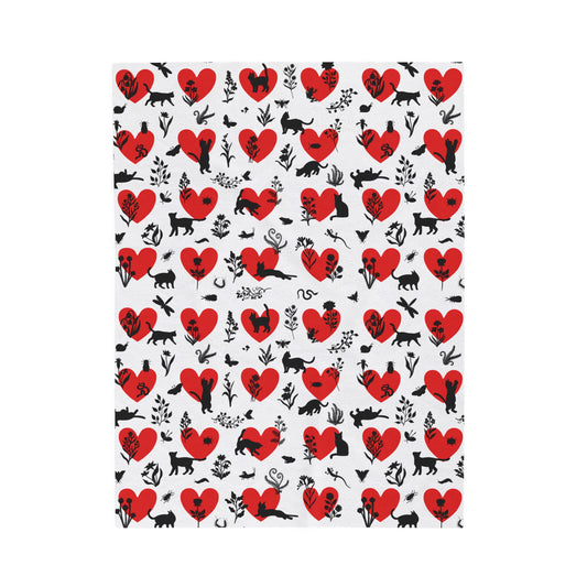 Adorable 'Heart Cats' Velveteen Plush Blanket, White&Red