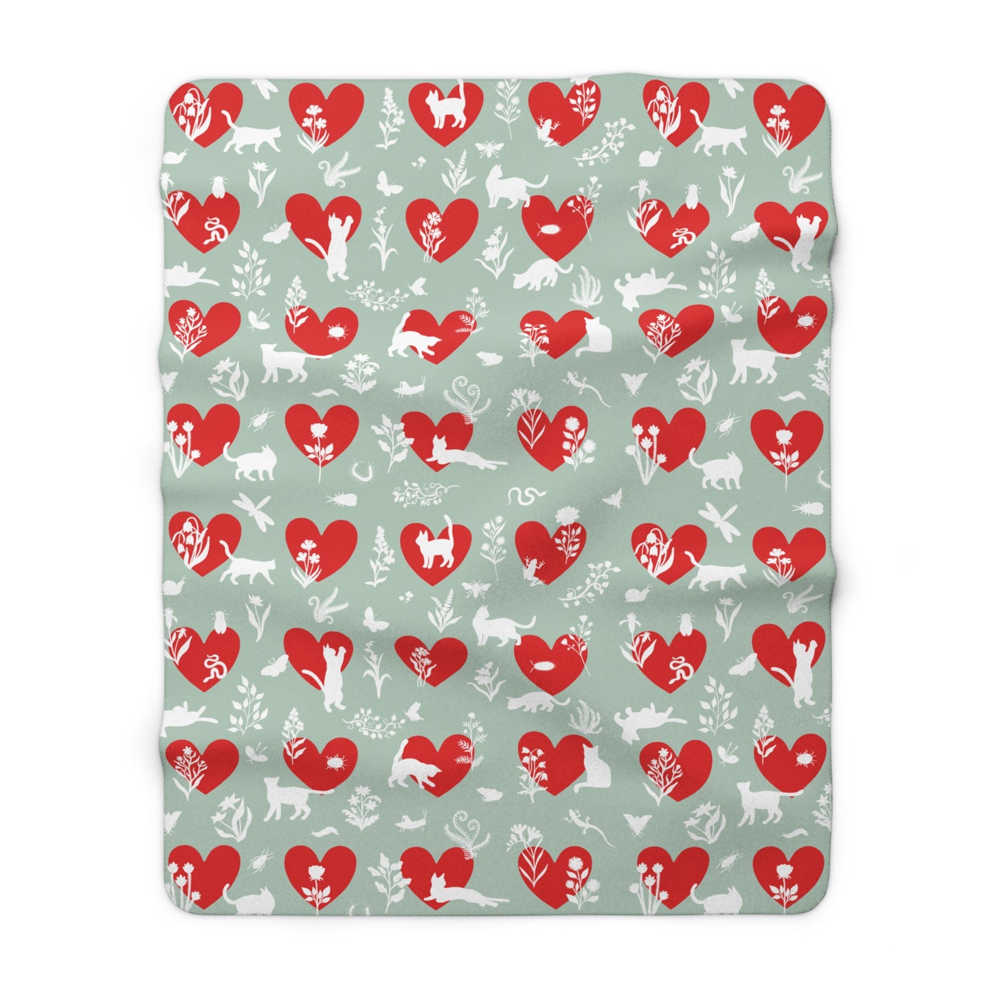 'Heart Cats' Sherpa Fleece Blanket, Seafoam&Red