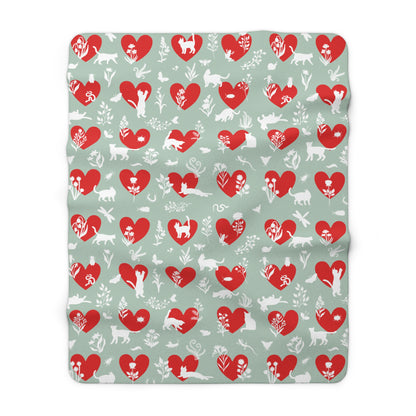 'Heart Cats' Sherpa Fleece Blanket, Seafoam&Red