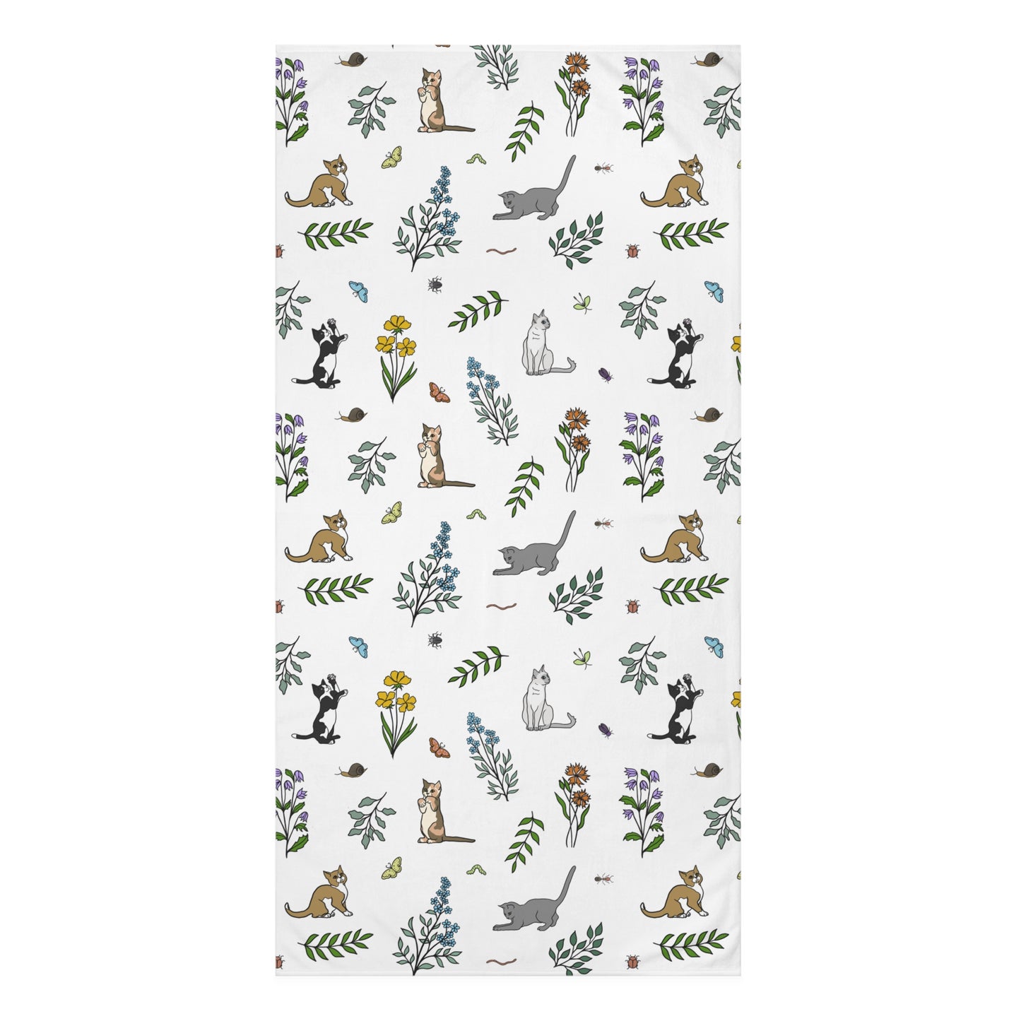 Wildflower Kittens and Bugs Towel, Large Bath, Cat Lover Gift, Botanical Print Towel, Soft Mink-Cotton Towel, Home Décor, Cute Animal Towel