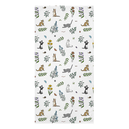 Wildflower Kittens and Bugs Towel, Large Bath, Cat Lover Gift, Botanical Print Towel, Soft Mink-Cotton Towel, Home Décor, Cute Animal Towel