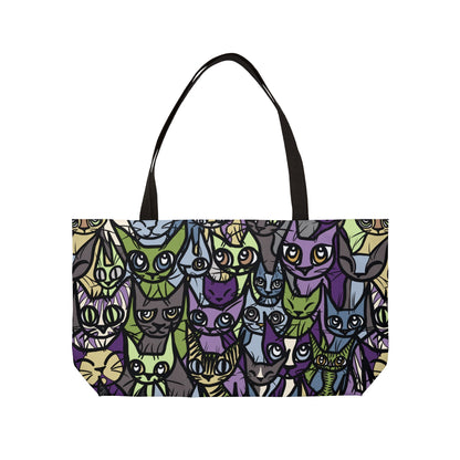 Colorful Cat Crowd Weekender Tote Bag Purple - Perfect for Cat Lovers, Travel, Beach Trips, Cat Theme Gifts