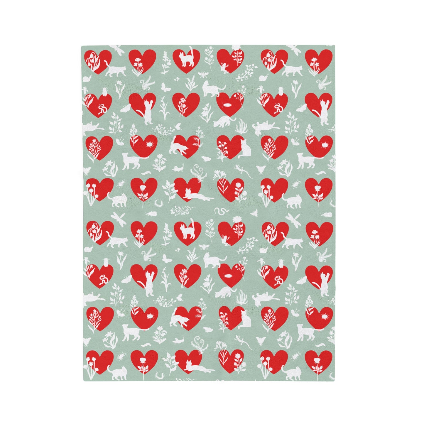 Adorable 'Heart Cats 'Velveteen Plush Blanket,  Seafoam&Red