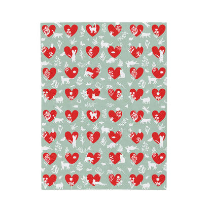 Adorable 'Heart Cats 'Velveteen Plush Blanket,  Seafoam&Red