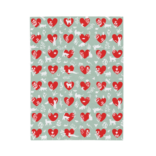 Adorable 'Heart Cats 'Velveteen Plush Blanket,  Seafoam&Red
