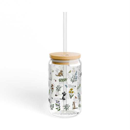 Spring Meadow Kittens Glass Sipper — 16oz Bamboo Lid Cup